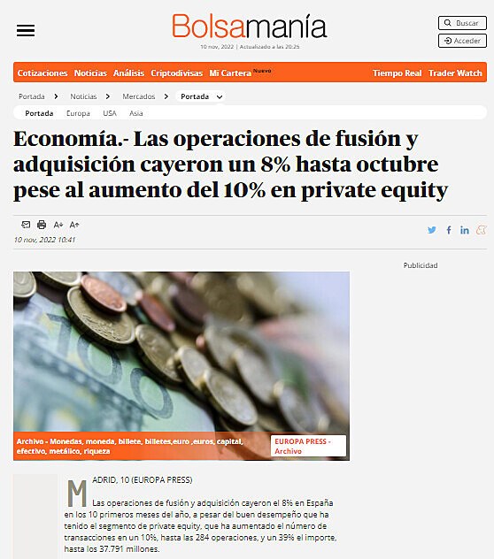 Economa.- Las operaciones de fusin y adquisicin cayeron un 8% hasta octubre pese al aumento del 10% en private equity